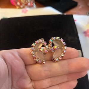 Vintage Gold Tone and Iridescent Pink Rhinestone Clip on Earrings